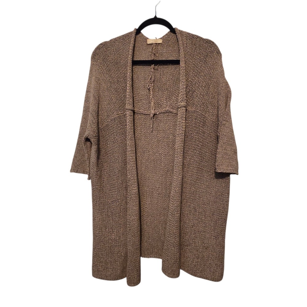 Millau Cotton Open Cardigan Womens LG Tan Loose Knit Lagenlook Artsy Ribbon